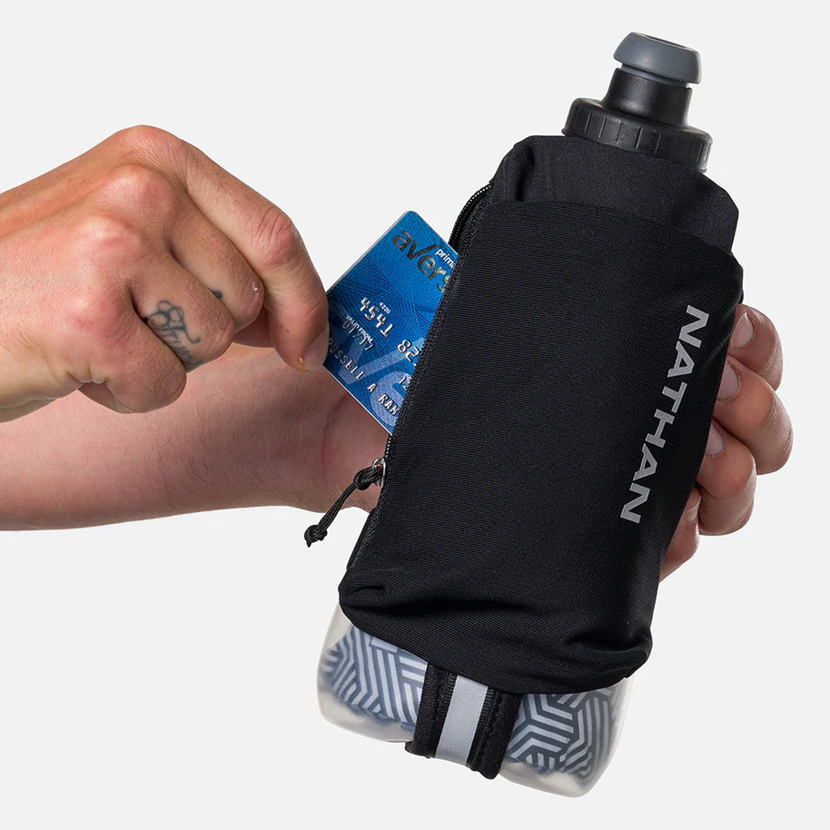 Speed Draw 2 18oz Insulted Flask by Nathan in black with insulated design, easy grip, and mesh pocket for outdoor running and hydration