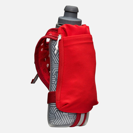 Speed Draw 2 18oz Insulted Flask by Nathan in grey and red, insulated handheld flask with mesh pocket, easy to hold and squeeze, ideal for running