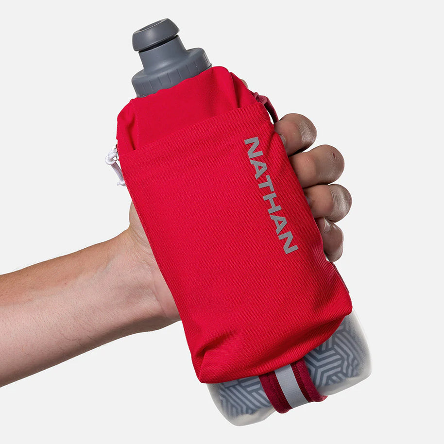 Speed Draw 2 18oz Insulted Flask by Nathan in red with grey cap, insulated handheld flask designed for cooler hydration and easy squeeze during running