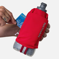 Speed Draw 2 18oz Insulted Flask by Nathan in red with easy-grip shape, insulated for cooler fluids, featuring power mesh pocket for storage