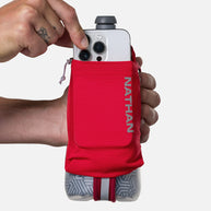 Speed Draw 2 18oz Insulted Flask by Nathan in red with mesh pocket, ergonomic shape, insulated to keep fluids cool, ideal for running