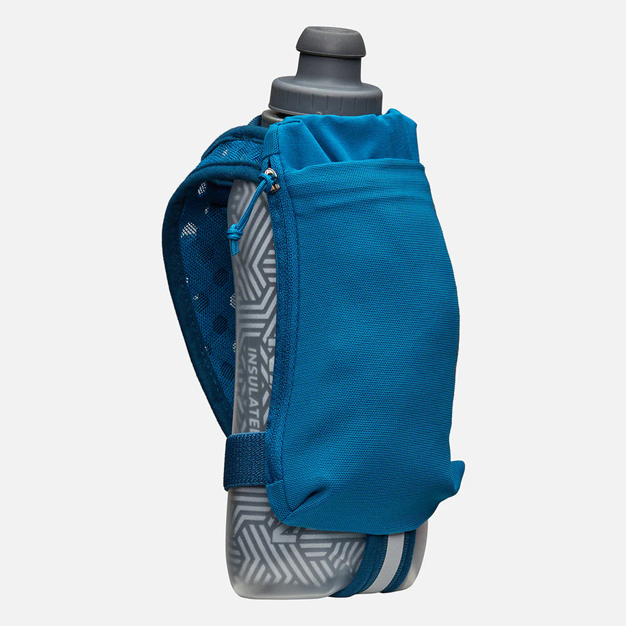 Speed Draw 2 18oz Insulted Flask by Nathan in blue with insulated flask and mesh pocket for cooler fluids and easy grip during running