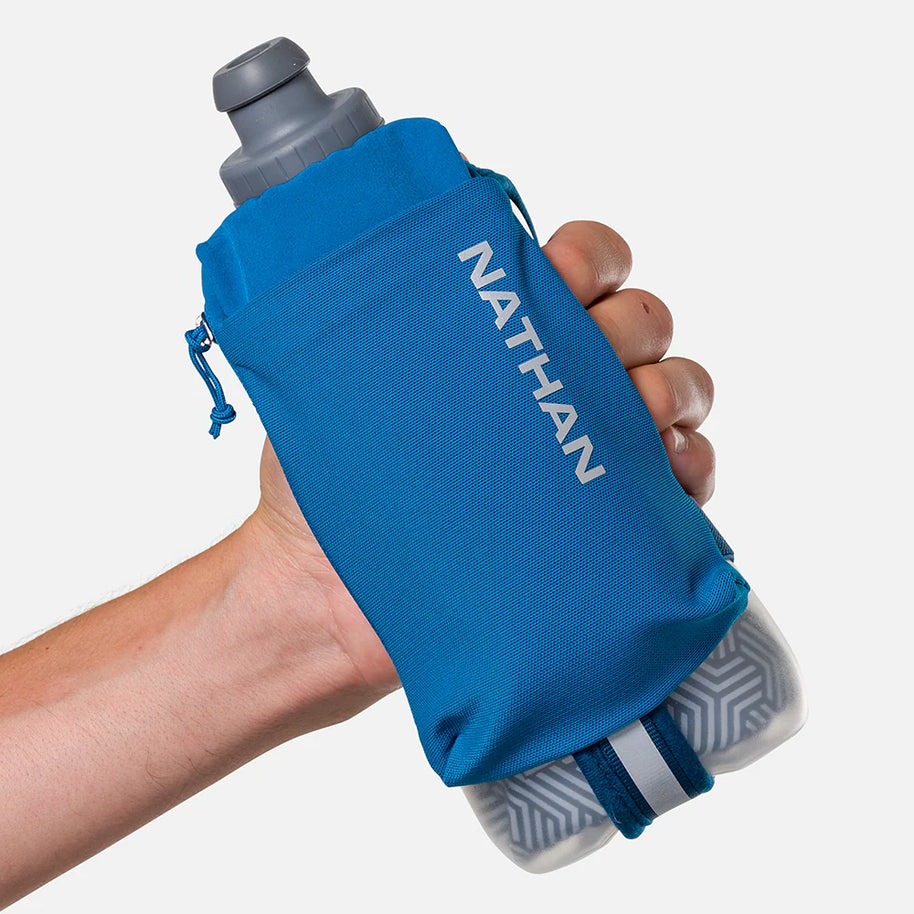 Speed Draw 2 18oz Insulted Flask by Nathan in blue with gray cap, ergonomic insulated handheld flask for keeping fluids cool longer