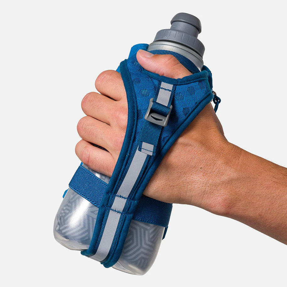 Speed Draw 2 18oz Insulted Flask by Nathan in blue with insulated design and mesh pocket for cooler fluids and easy handheld use