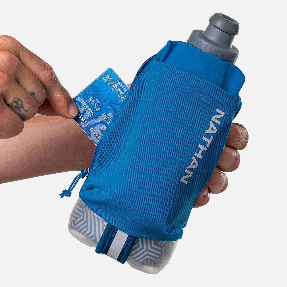 Speed Draw 2 18oz Insulted Flask by Nathan in blue with insulated flask and zippered mesh pocket for running and outdoor hydration