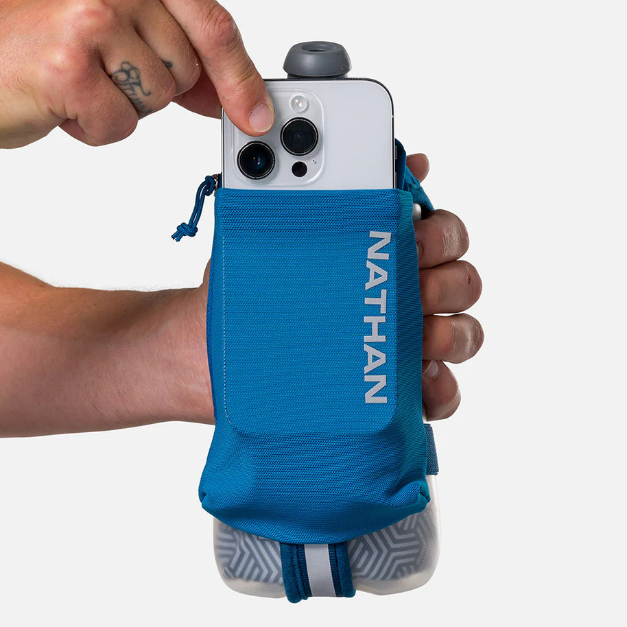 Speed Draw 2 18oz Insulted Flask by Nathan in blue with updated shape, easy grip, insulated for cooler fluids, ideal for running and outdoor use