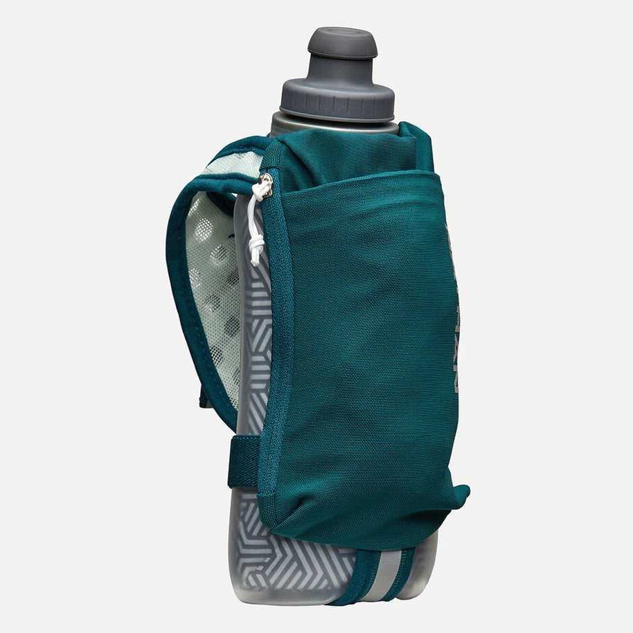 Speed Draw 2 18oz Insulted Flask by Nathan in teal with insulated flask and mesh pocket for keeping fluids cooler longer during running