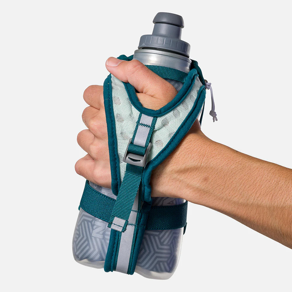 Speed Draw 2 18oz Insulted Flask by Nathan in teal and grey, insulated handheld bottle with mesh pocket for running and outdoor hydration