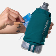 Speed Draw 2 18oz Insulted Flask by Nathan in teal with insulated design, easy-grip shape, and zippered mesh pocket for running and outdoor use