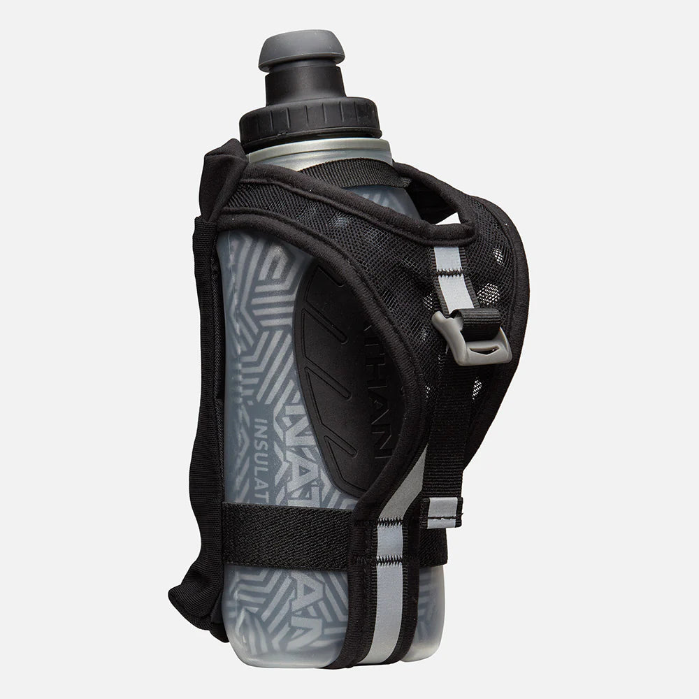 Nathan Speed Draw 2 12oz Insulted Flask in grey with black mesh carrier, ergonomic for running, keeps fluids cooler longer in Canada running store