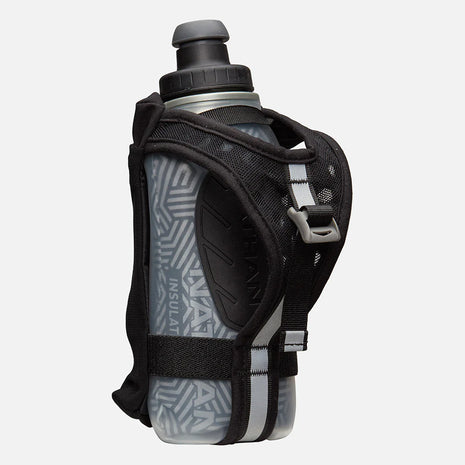 Nathan Speed Draw 2 12oz Insulted Flask in grey with black mesh carrier, ergonomic for running, keeps fluids cooler longer in Canada running store