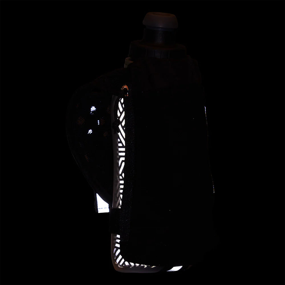Speed Draw 2 12oz Insulted Flask by Nathan in black with reflective detailing, insulated to keep fluids cooler longer for running and outdoor use