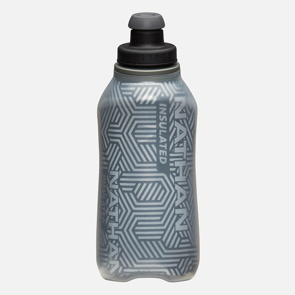Speed Draw 2 12oz Insulted Flask by Nathan in grey with geometric pattern, insulated to keep fluids cooler, easy to hold and squeeze, ideal for running.