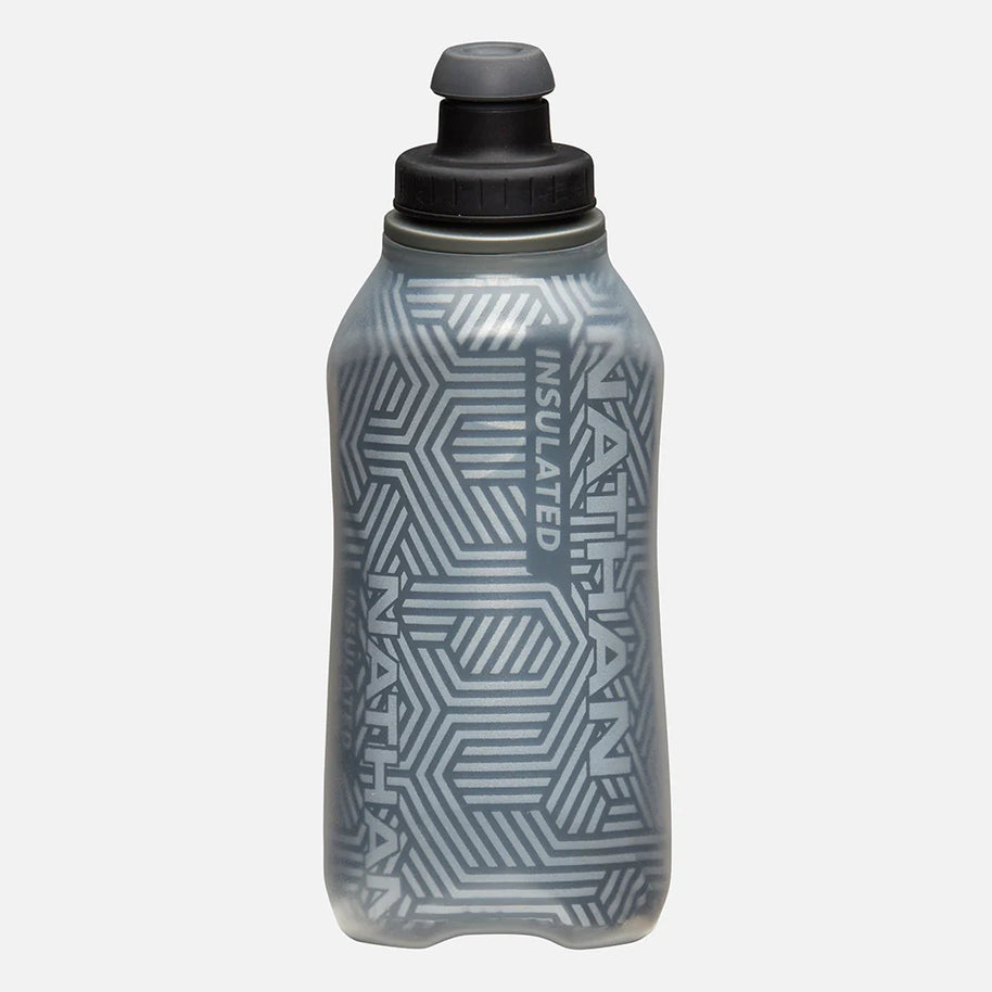 Speed Draw 2 12oz Insulted Flask by Nathan in grey with geometric pattern, insulated to keep fluids cooler, easy to hold and squeeze, ideal for running.