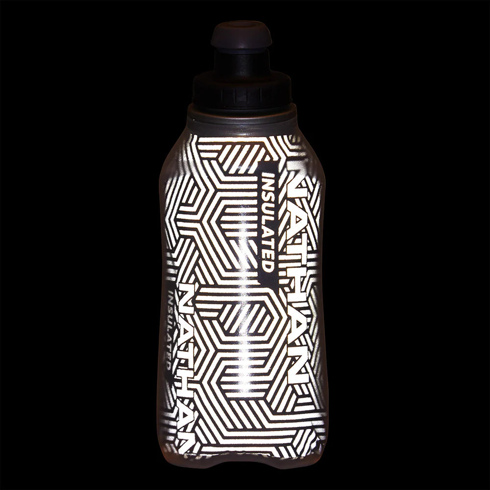 Speed Draw 2 12oz Insulted Flask by Nathan in black and white geometric design, insulated for cooler fluids and easy to hold for running.