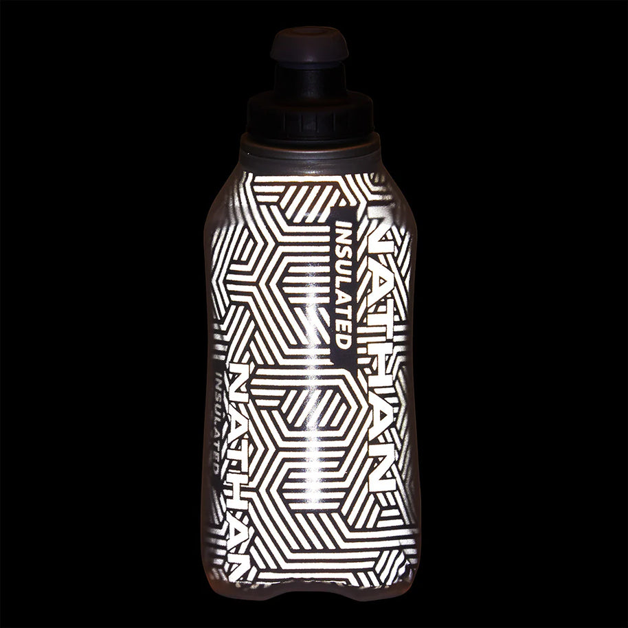 Speed Draw 2 12oz Insulted Flask by Nathan in black and white geometric design, insulated for cooler fluids and easy to hold for running.