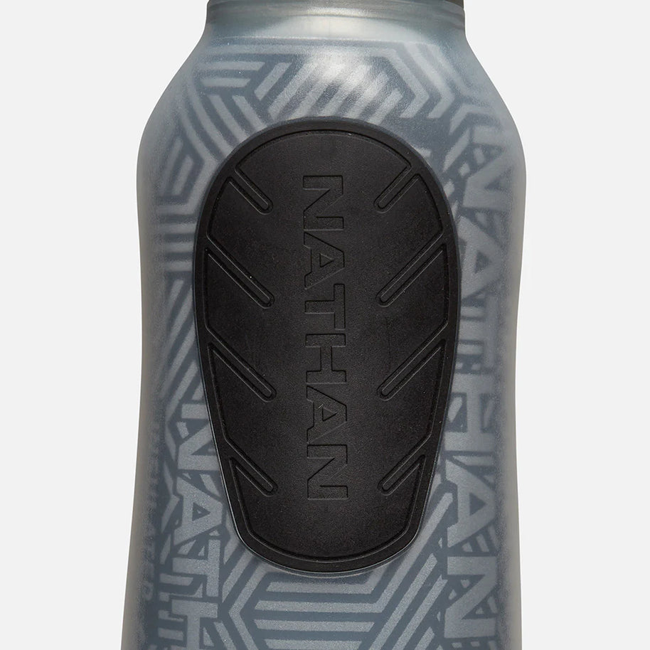 Speed Draw 2 12oz Insulted Flask by Nathan in gray with black grip, insulated to keep fluids cooler longer, handheld and easy to squeeze.