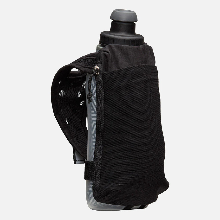 Speed Draw 2 12oz Insulted Flask by Nathan in black with insulated flask and mesh pocket for running or outdoor activities