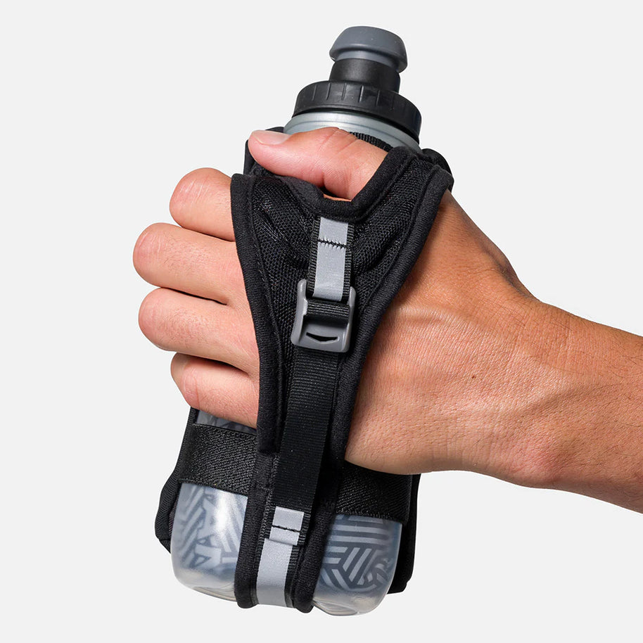Speed Draw 2 12oz Insulted Flask by Nathan in black, ergonomic insulated flask with mesh pocket for running and outdoor use in Canada