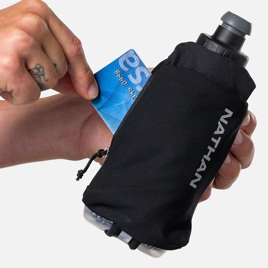 Nathan Speed Draw 2 12oz Insulted Flask in black with mesh pocket for cards, ergonomic design for running and outdoor use, keeps fluids cooler longer