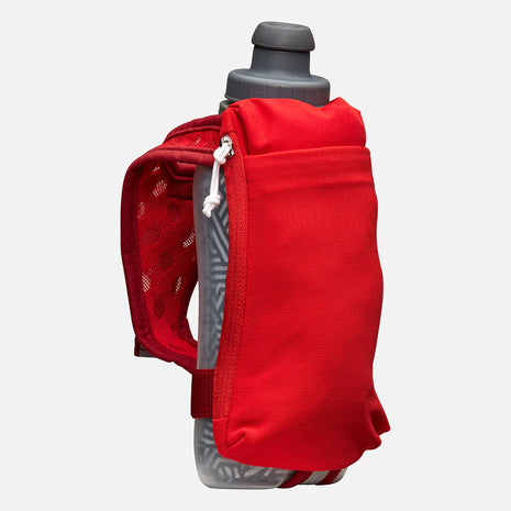 Speed Draw 2 12oz Insulted Flask by Nathan in grey with red insulated carrier, easy to hold and keeps fluids cooler longer for running use