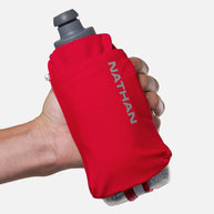 Speed Draw 2 12oz Insulted Flask in red by Nathan with easy-grip shape, insulated to keep fluids cooler, ideal for running or outdoor use.