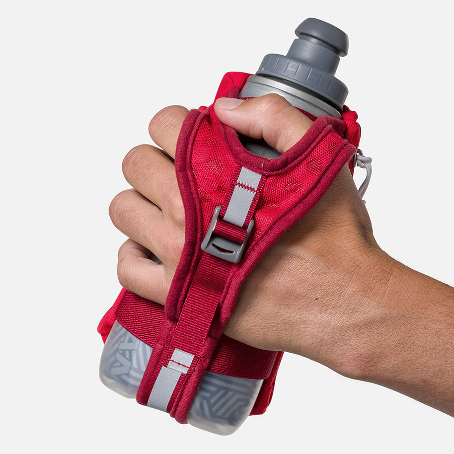 Nathan Speed Draw 2 12oz Insulted Flask in red with gray cap, ergonomic grip, insulated to keep fluids cool, ideal for running.