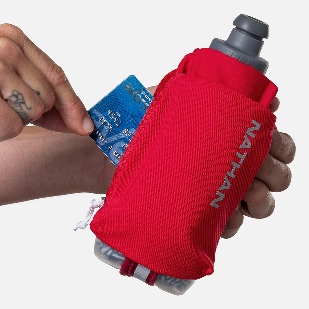 Nathan Speed Draw 2 12oz Insulted Flask in red with updated shape, power mesh pocket, and easy-to-hold design for running and outdoor use