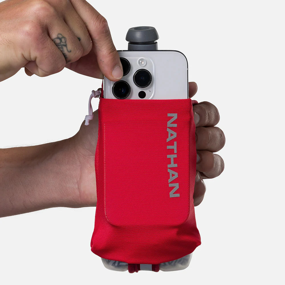 Speed Draw 2 12oz Insulted Flask in red by Nathan with updated shape and power mesh pocket for running and cooler fluids longer.