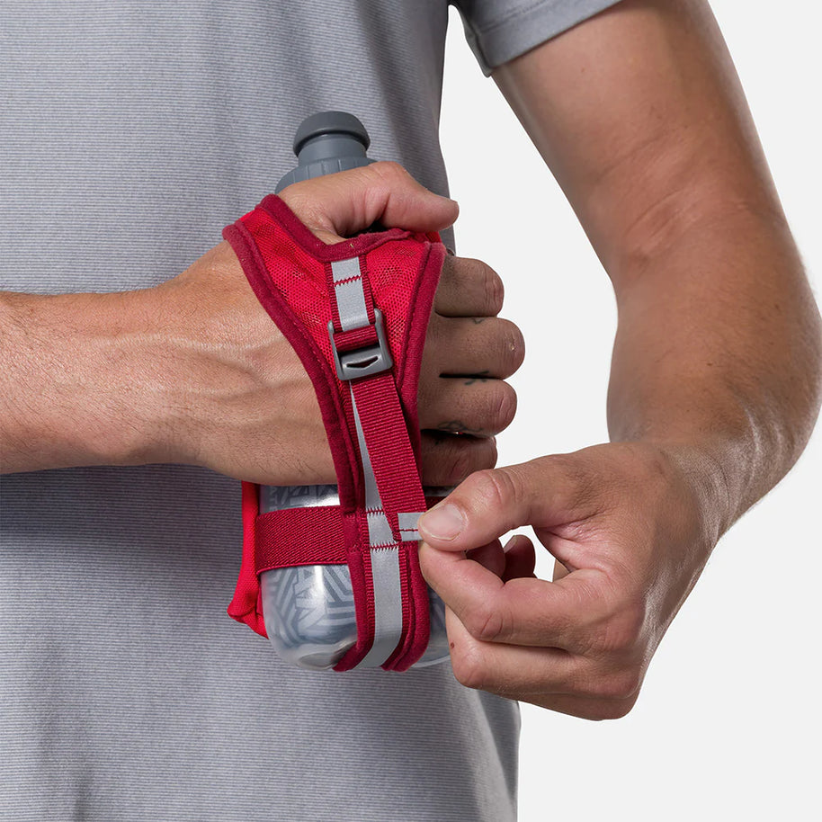 Speed Draw 2 12oz Insulted Flask by Nathan in red, insulated handheld flask with easy squeeze and cooler fluid retention for running use