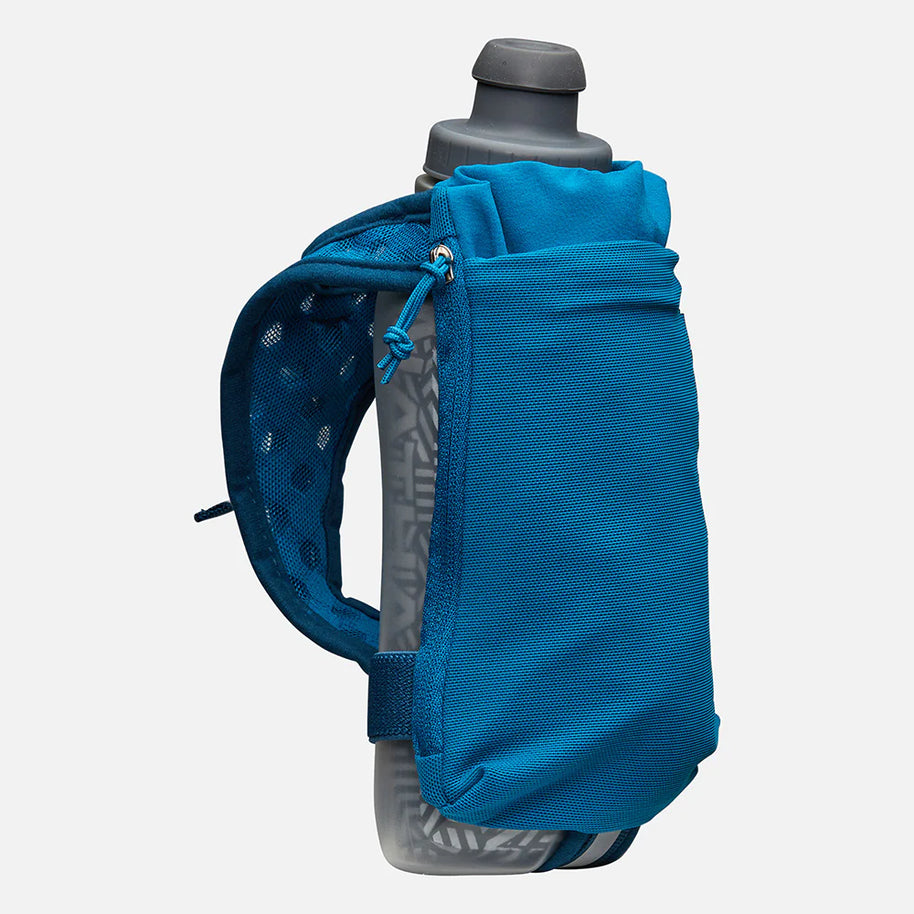 Nathan Speed Draw 2 12oz Insulted Flask in blue with updated shape, easy grip, power mesh pocket, keeps fluids cooler longer for running.