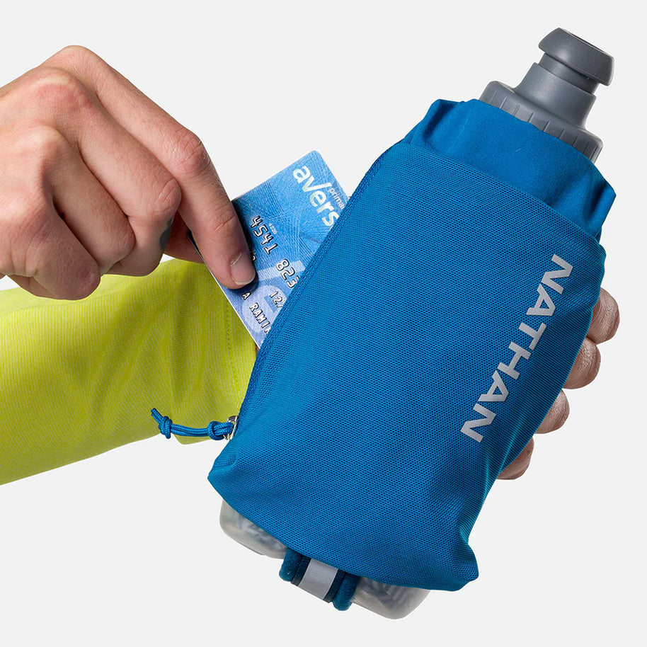 Nathan Speed Draw 2 12oz Insulted Flask in blue with power mesh pocket for cards, easy to hold and keeps fluids cooler longer.