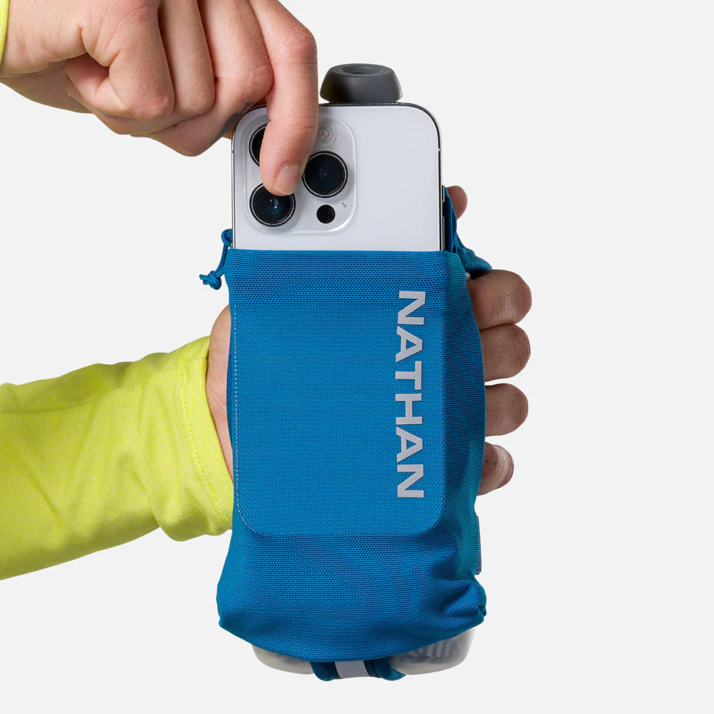 Nathan Speed Draw 2 12oz Insulted Flask in blue with mesh pocket, designed for easy grip, keeping fluids cooler longer, ideal for running.