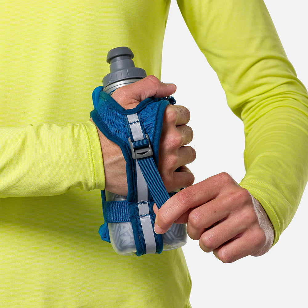 Nathan Speed Draw 2 12oz Insulted Flask in blue with updated grip, power mesh pocket, designed for running and outdoor hydration