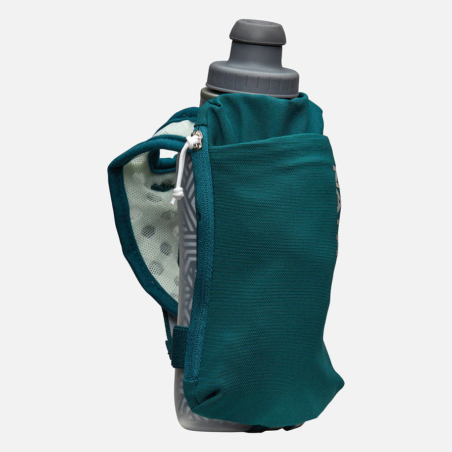 Speed Draw 2 12oz Insulted Flask by Nathan in teal with updated shape, power mesh pocket, insulated to keep fluids cooler longer for running.