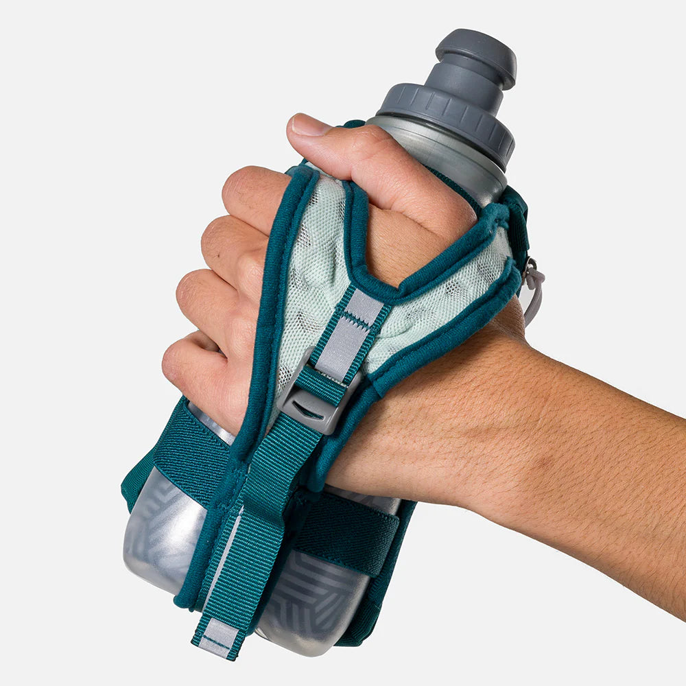 Speed Draw 2 12oz Insulted Flask in teal by Nathan with updated ergonomic shape, insulated to keep fluids cool longer, ideal for running.