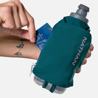 Nathan Speed Draw 2 12oz Insulted Flask in teal with mesh pocket for cards, easy grip, and long-lasting cooling for running and outdoor use.