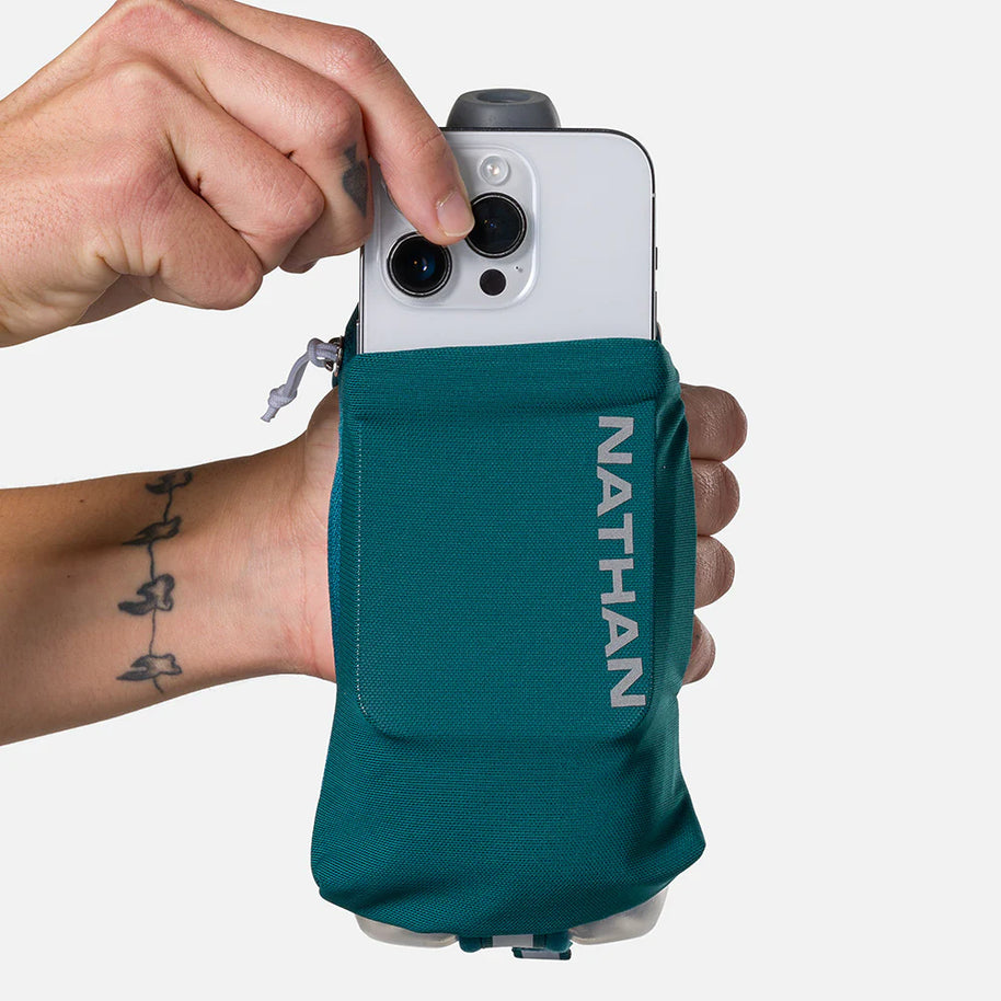 Nathan Speed Draw 2 12oz Insulted Flask in teal with handheld design, power mesh pocket, and easy-grip shape for running hydration.