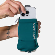 Nathan Speed Draw 2 12oz Insulted Flask in teal with handheld design, power mesh pocket, and easy-grip shape for running hydration.