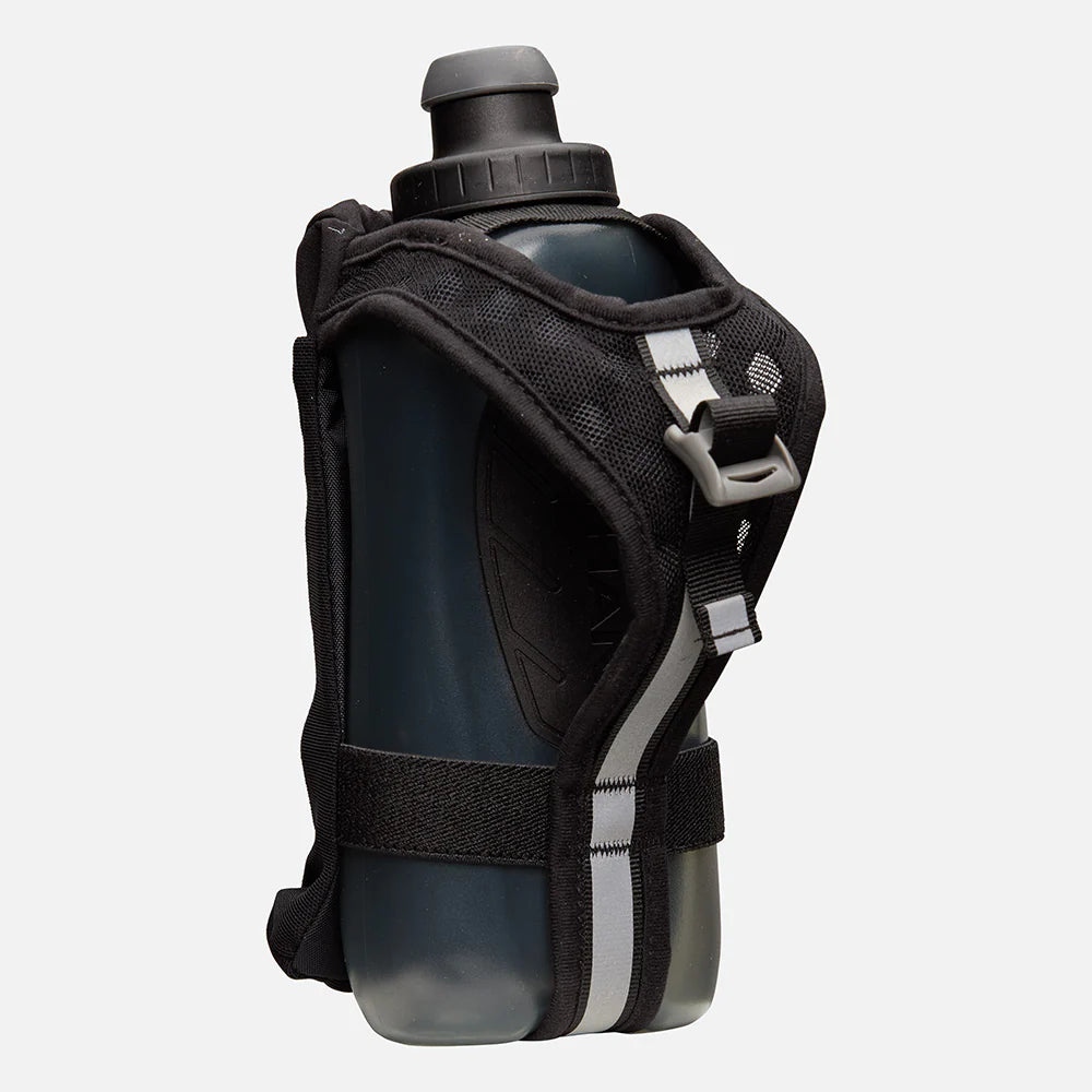 Speed Draw 2 Flask 18oz by Nathan in black with ergonomic no-slip grip, power mesh smartphone pocket, zippered compartment, ideal for running.