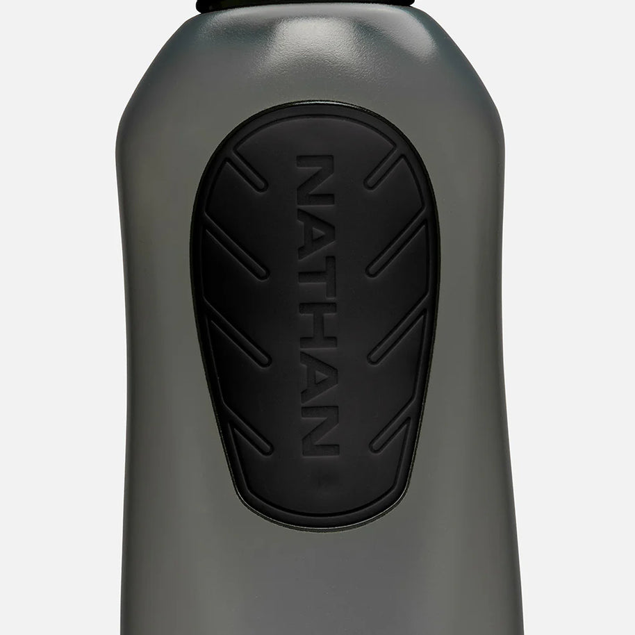 Nathan Speed Draw 2 Flask 18oz in grey with black no-slip grip, ergonomic design, perfect for running and outdoor use