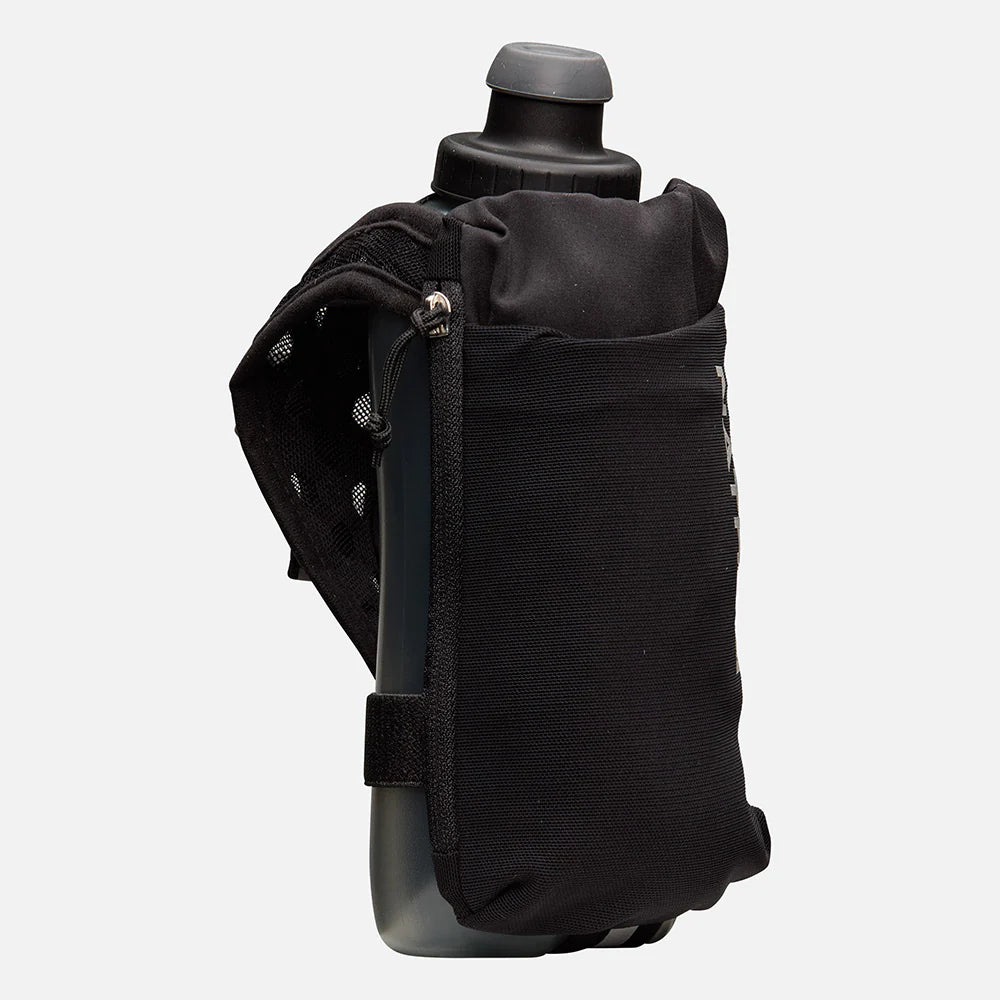 Speed Draw 2 Flask 18oz by Nathan in black with ergonomic grip, power mesh smartphone pocket, zippered storage, ideal for running.