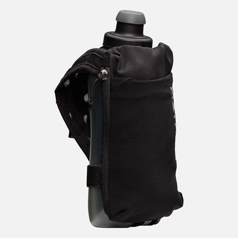 Speed Draw 2 Flask 18oz by Nathan in black with ergonomic grip, power mesh smartphone pocket, zippered storage, ideal for running.