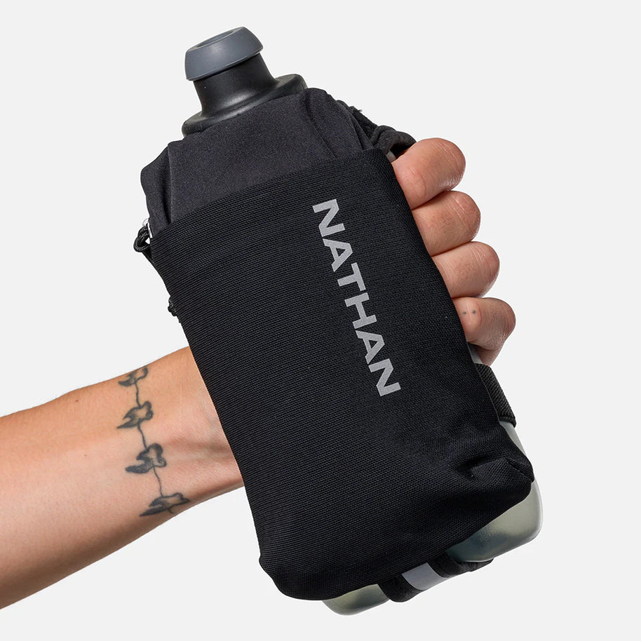 Nathan SpeedDraw 2 Flask 12oz in black with ergonomic grip, no-slip design, power mesh phone pocket, ideal for running and outdoor use