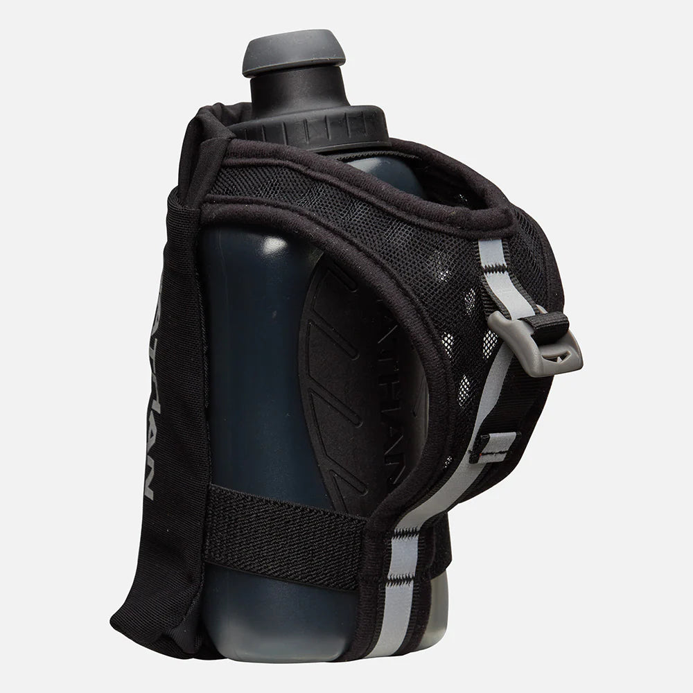 SpeedDraw 2 Flask 12oz by Nathan in black with ergonomic no-slip grip, power mesh pocket for smartphones, zippered pocket, ideal for running.