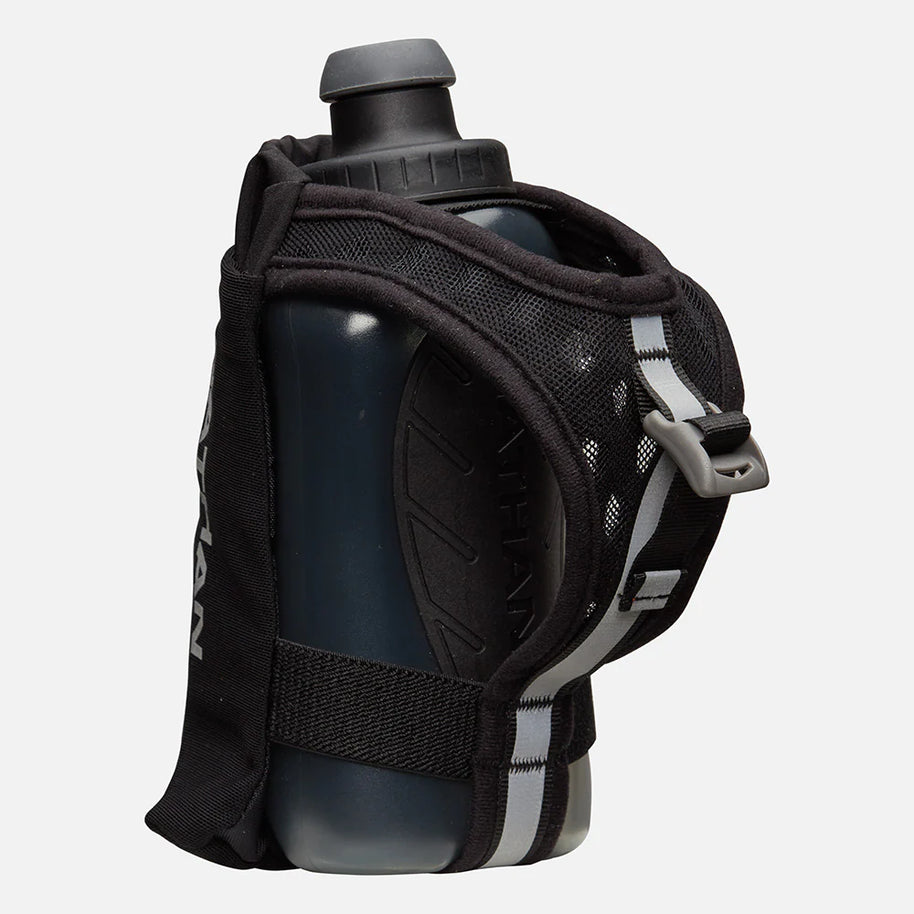 SpeedDraw 2 Flask 12oz by Nathan in black with ergonomic no-slip grip, power mesh pocket for smartphones, zippered pocket, ideal for running.