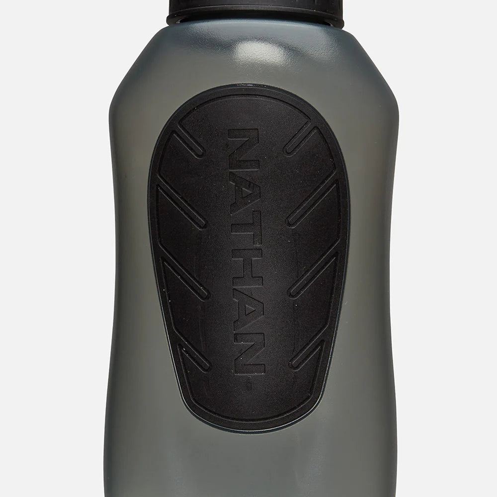 Nathan SpeedDraw 2 Flask 12oz in grey with black no-slip grip, ergonomic design, ideal for running hydration and easy squeeze use.