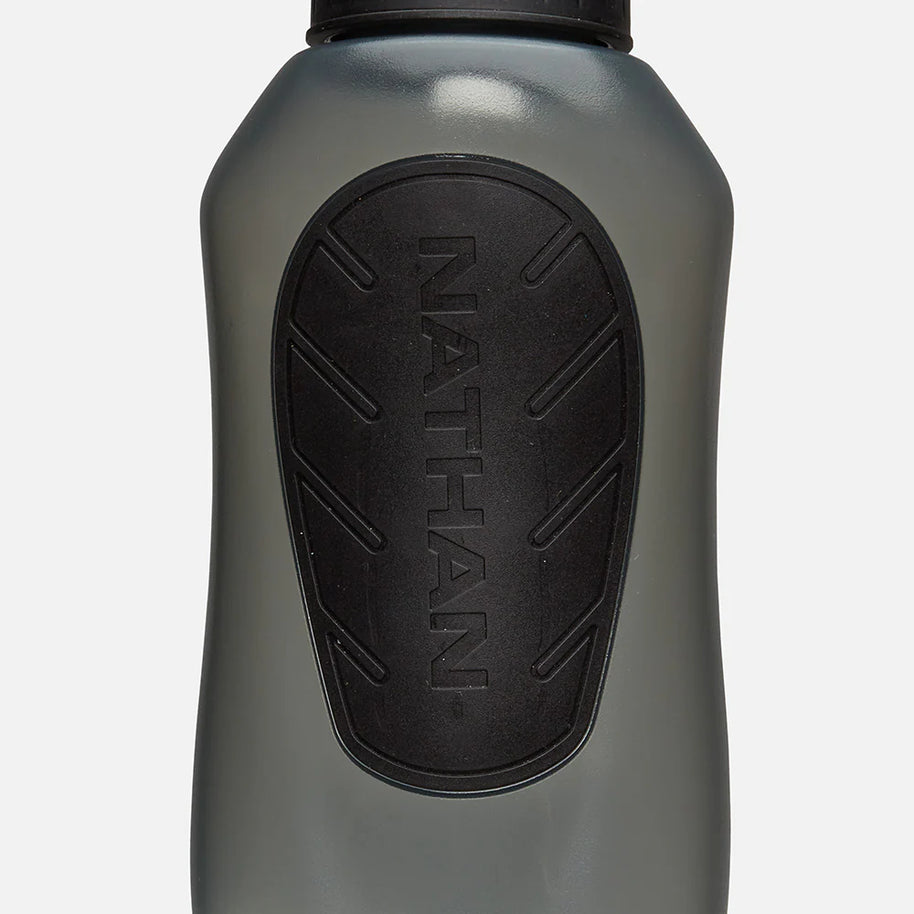 Nathan SpeedDraw 2 Flask 12oz in grey with black no-slip grip, ergonomic design, ideal for running hydration and easy squeeze use.