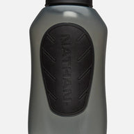 Nathan SpeedDraw 2 Flask 12oz in grey with black no-slip grip, ergonomic design, ideal for running hydration and easy squeeze use.