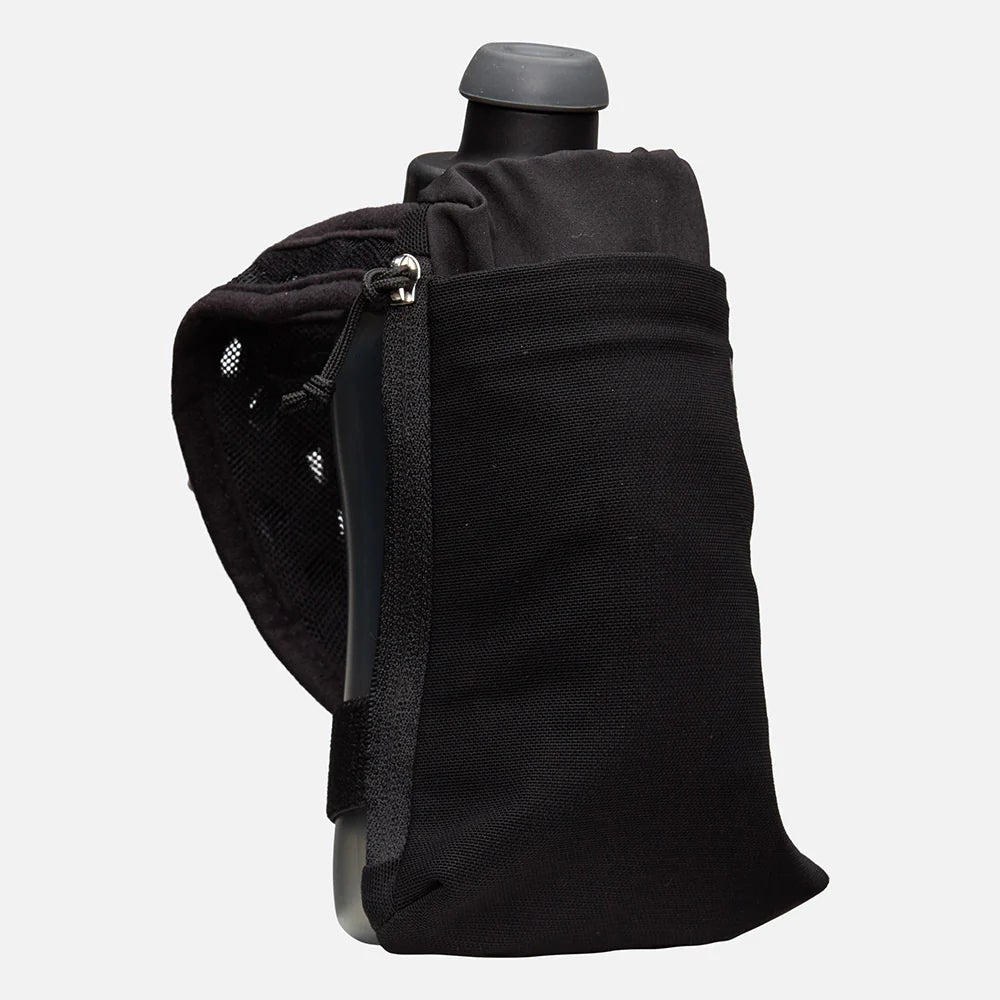 SpeedDraw 2 Flask 12oz by Nathan in black with ergonomic no-slip grip, power mesh pocket for smartphones, and zippered pocket for running gear.